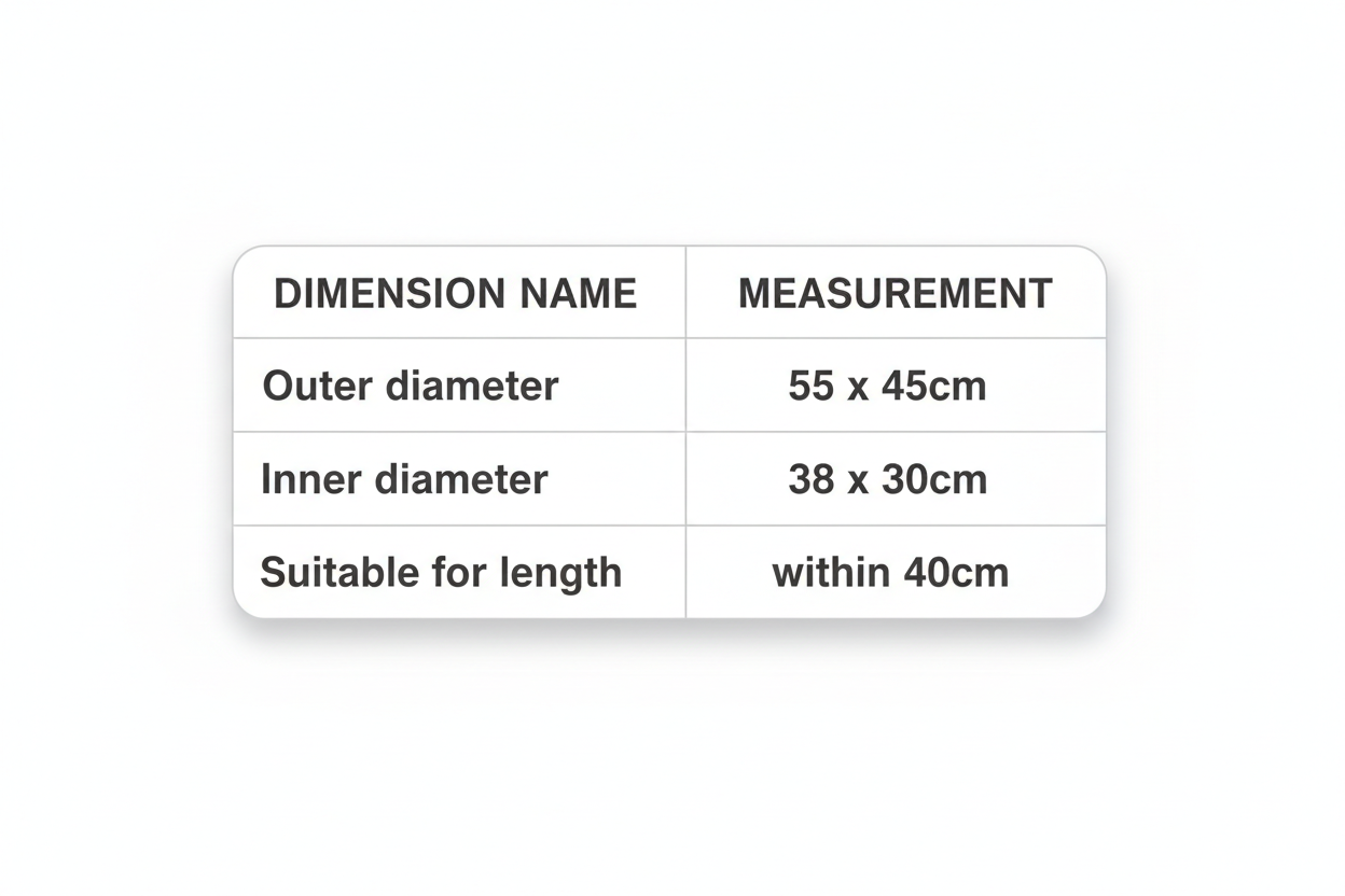 maak een tabel grafiek :Outer diameter: 55 x4Scm
Inner diameter: 38x30cm
Suitable for length: within 40cm
