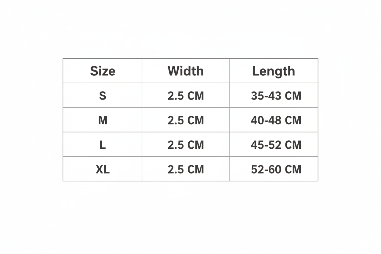 maak een tabel waarin de maten duidelijk en simpel staan aan gegeven :S = Width 2.5CM * Length (35-43) CM
M = Width 2.5CM * Length (40-48) CM
L = Width 2.5CM * Length (45-52) CM
XL = Width 2.5CM * Length (52-60) CM