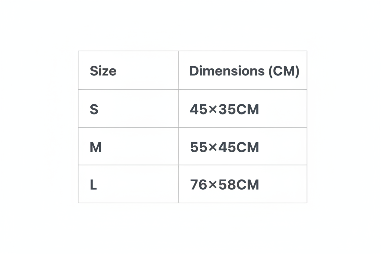 Specification: S-45*35CM, M-55*45CM, L-76*58CM maak een tabel grafiek in engls