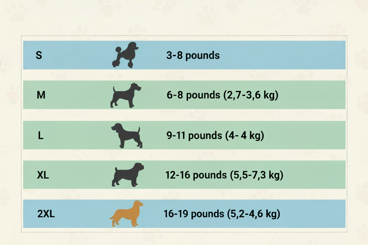 Gewichtsgids – aanbevolen honden­gewicht
S (maat 10) → geschikt voor 3–5 pounds (± 1,5–2,5 kg)
M (maat 12) → geschikt voor 6–8 pounds (± 2,7–3,6 kg)
L (maat 14) → geschikt voor 9–11 pounds (± 4–5 kg)
XL (maat 16) → geschikt voor 12–16 pounds (± 5,5–7,3 kg)
2XL (maat 18) → geschikt voor 16–19 pounds (± 7,3–8,6 kg) -maak duidelijke grafiek