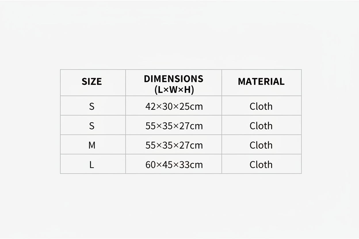 maak een grafiek zonder plaatjes zoals net, in het engels  :Specifications: S 42*30 * 25cm ,M 55*35 * 27cm ,L 60*45 * 33cm 
Material: cloth 